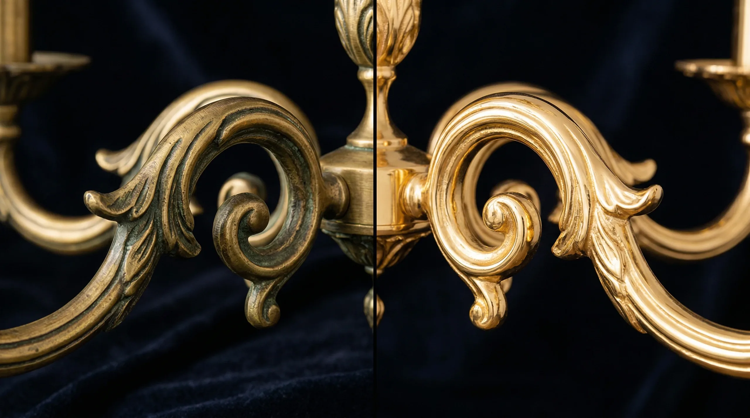 Close-up comparison of antique brass and gold chandelier finishes