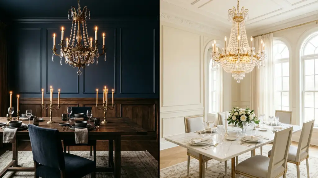Brass vs gold lighting fixtures comparison in luxury dining room settings