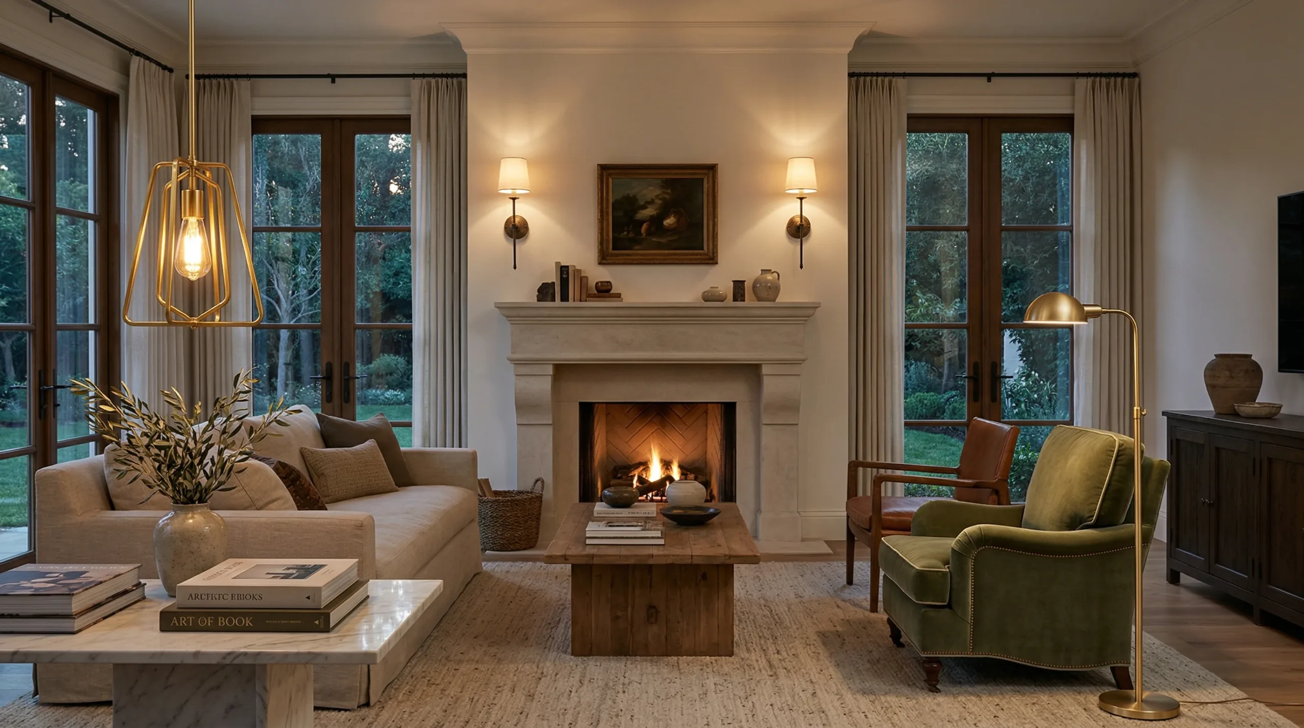 Mixed brass and gold lighting fixtures in a luxury living room
