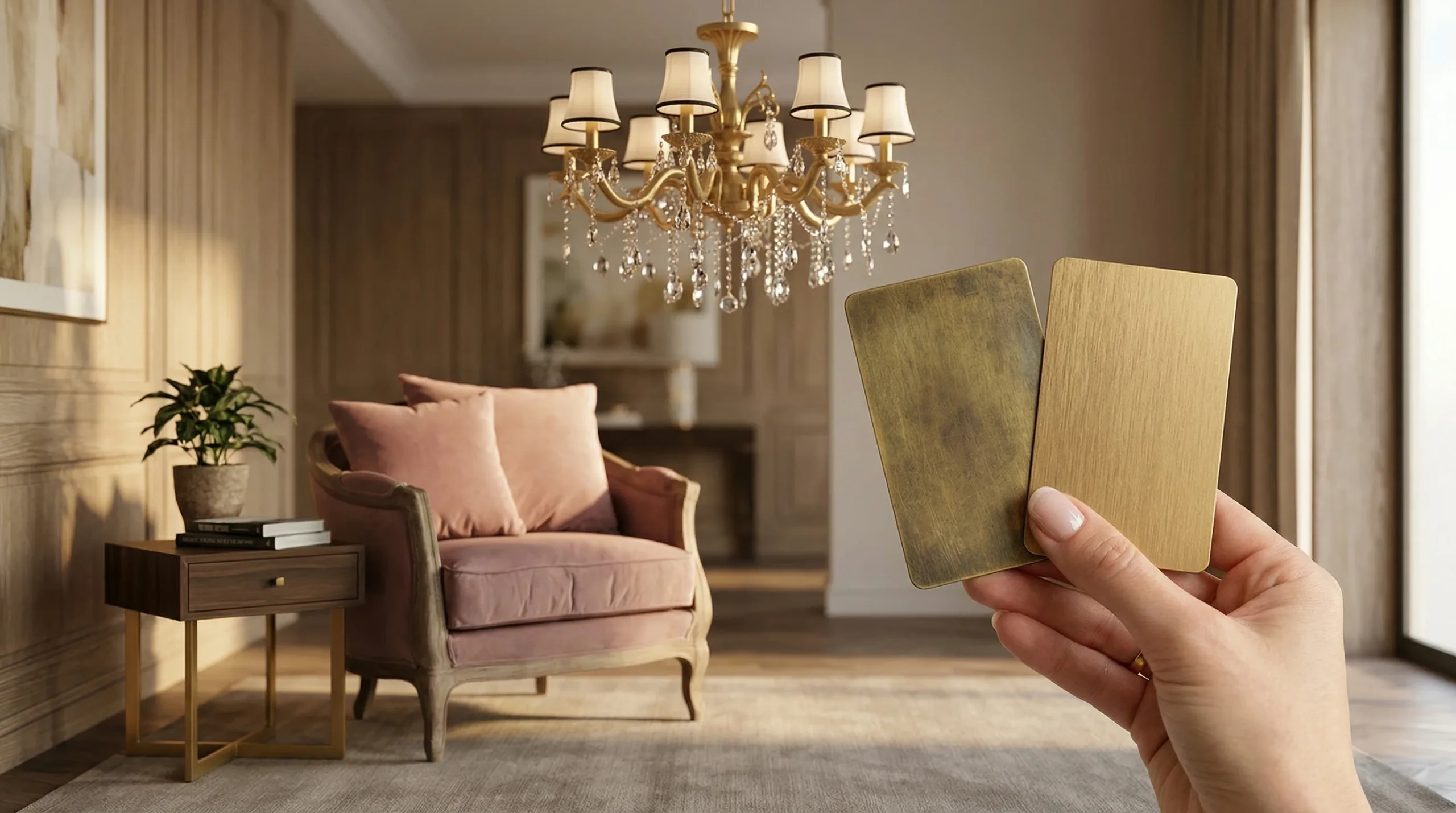 Interior designer comparing metal finish samples for lighting coordination