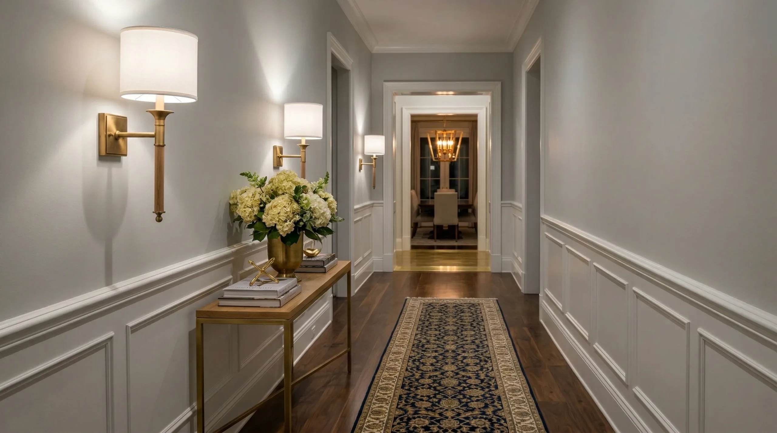 Brass hallway sconces coordinating with dining room chandelier