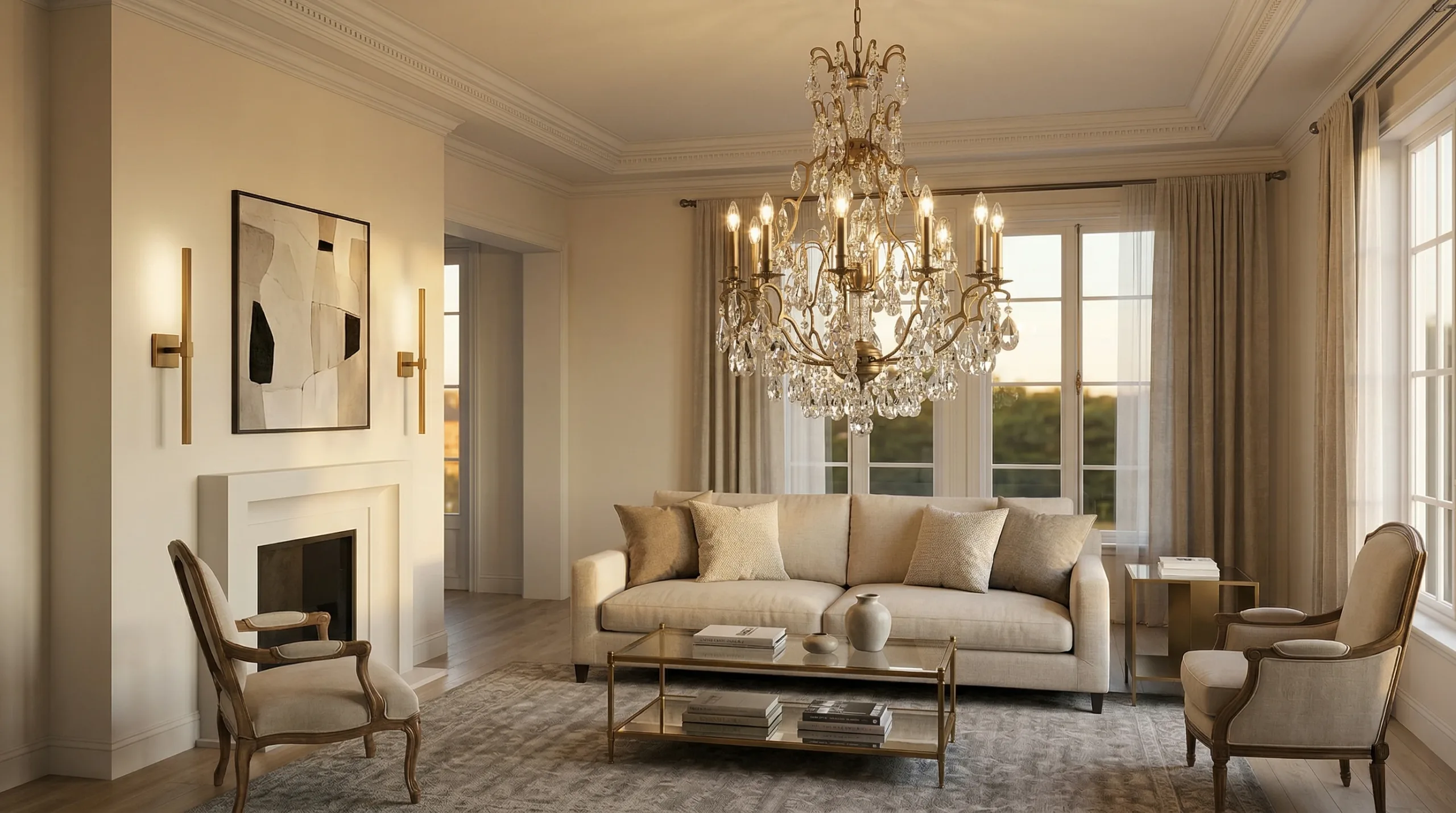 Same brass finish chandelier and sconces in different styles showing coordination