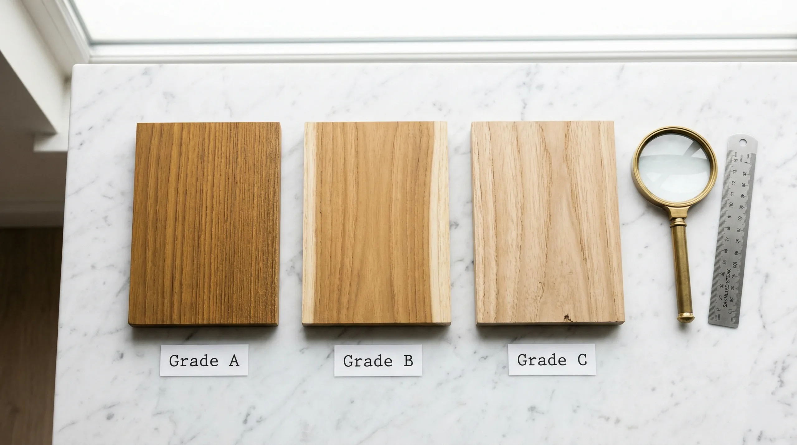 Grade A vs Grade B vs Grade C teak wood samples compared