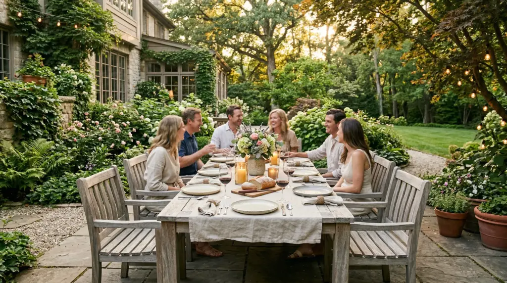 Weathered teak outdoor dining set on a luxury garden patio