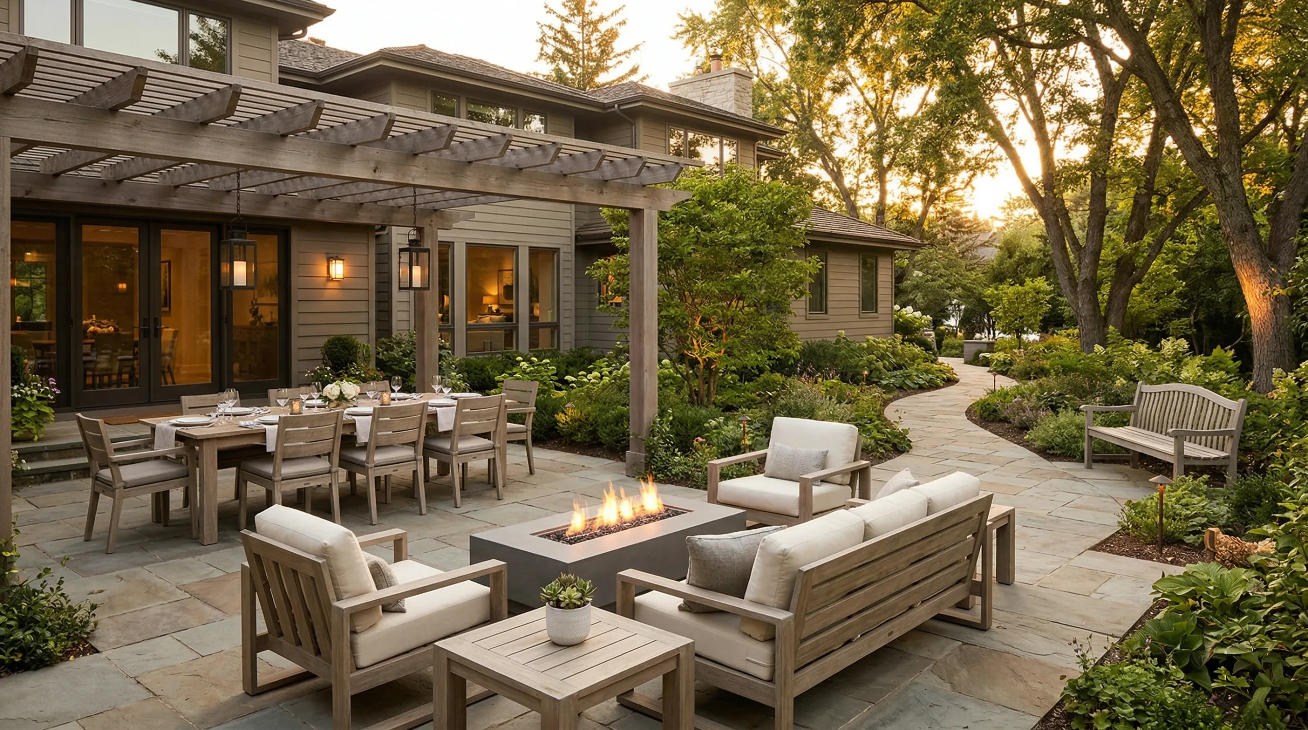 Complete luxury outdoor living space furnished entirely with teak furniture