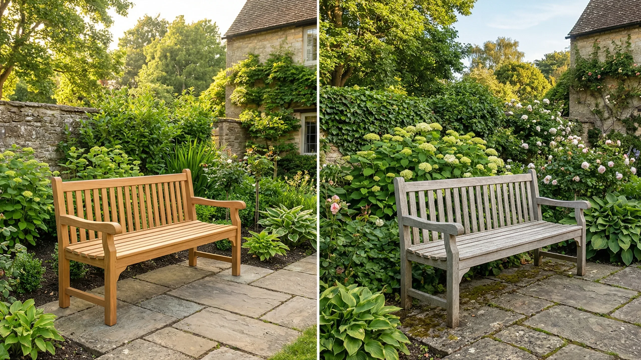 New teak bench vs aged teak bench showing 15-year patina comparison